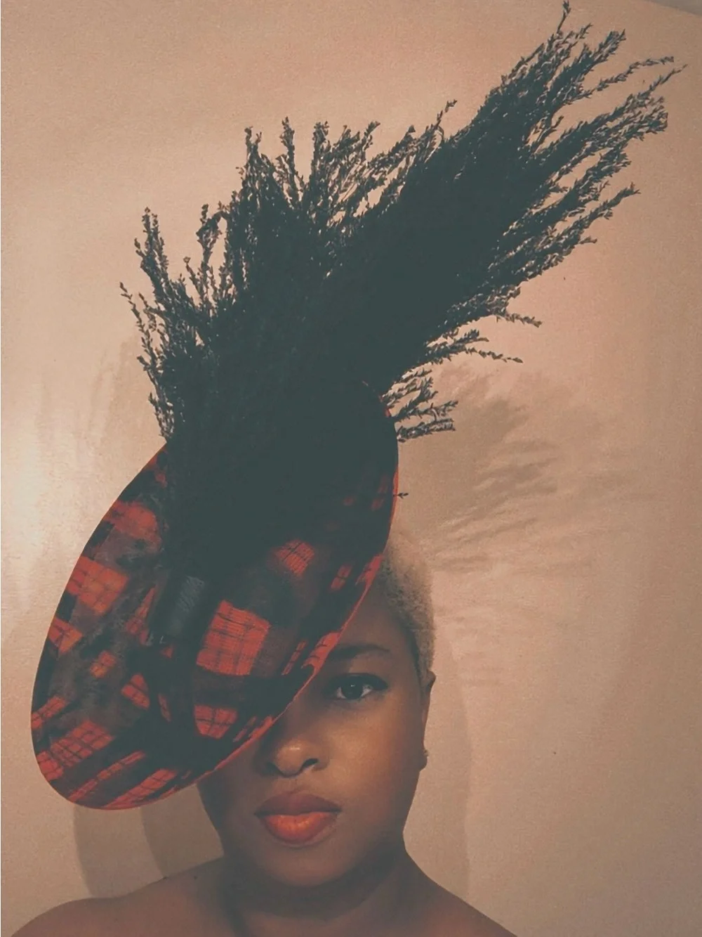 Red and Black Plaid Fascinator Hat with Feather Trim